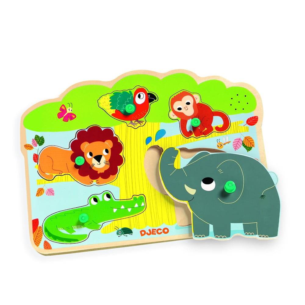 Djeco Drevené vkladacie puzzle s motívmi zvieratiek z džungle so zvukmi , značky Djeco