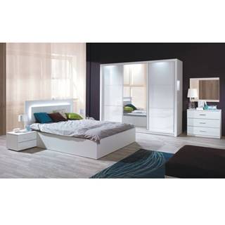 Spálňový komplet (skriňa+posteľ 160x200+2x nočný stolík) biela/vysoký biely lesk HG ASIENA