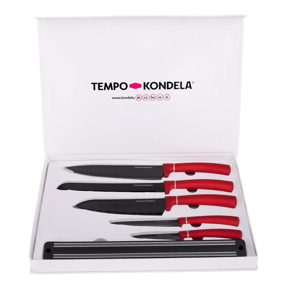 Kondela TEMPO-KONDELA LONAN sada nožov s magnetickým držiakom 6 ks červená, značky Kondela