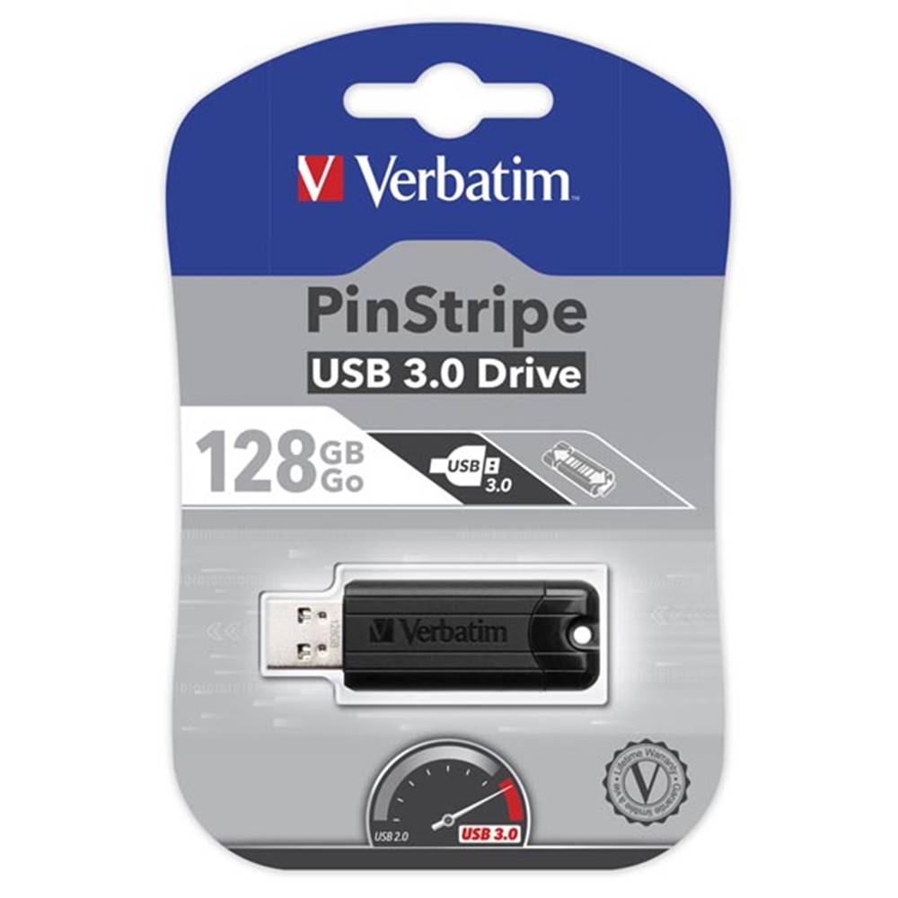 Verbatim  USB flash disk, USB 3.0, 128GB, PinStripe, Store N Go, čierny, 49319, USB A, s výsuvným konektorom, značky Verbatim