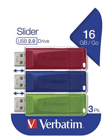 Verbatim USB flash disk, USB 2.0, 16GB, Slider, zelený, modrý, červený, 49326, USB A, s výsuvným konektorom, 3 ks