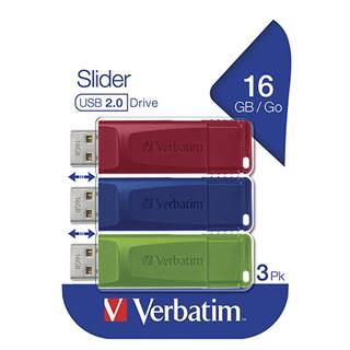 Verbatim  USB flash disk, USB 2.0, 16GB, Slider, zelený, modrý, červený, 49326, USB A, s výsuvným konektorom, 3 ks, značky Verbatim