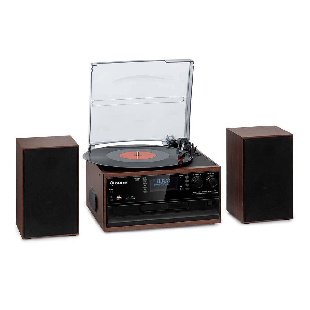 Auna  Oakland DAB Plus, retro stereo systém, DAB+/FM, BT funkcia, vinyl, CD prehrávač, kazetový prehrávač. vrátane reproduktorov, značky Auna