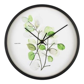Karlsson Zeleno-biele nástenné hodiny v čiernom ráme  Eucalyptus, ø 26 cm, značky Karlsson