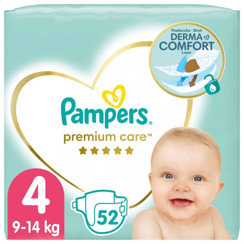 PAMPERS  Premium Care Plienky jednorazové 4 (9-14 kg) 52 ks, značky PAMPERS