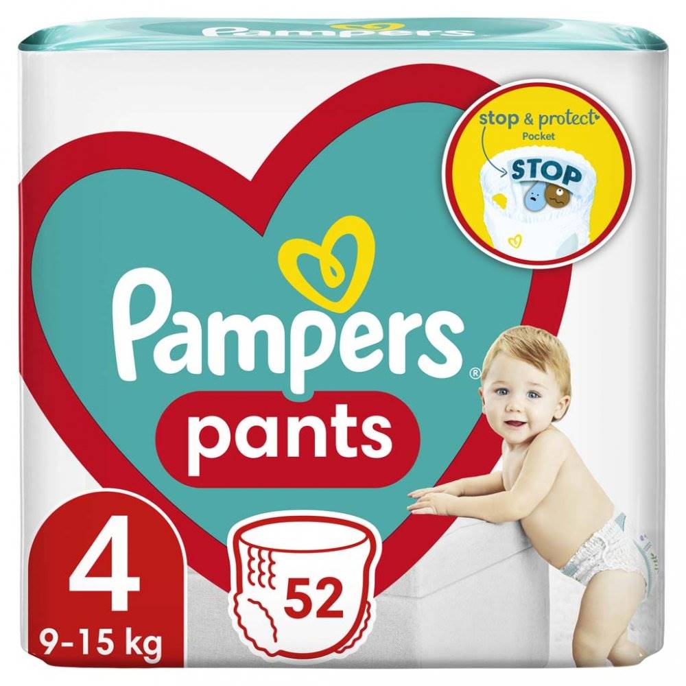 PAMPERS  Pants Nohavičky plienkové jednorazové 4 (9-15 kg) 52 ks - JUMBO PACK, značky PAMPERS