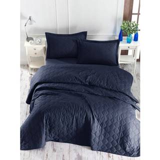 Tmavomodrá prikrývka cez posteľ s 2 obliečkami na vankúš z ranforce bavlny EnLora Home Fresh, 225 x 240 cm