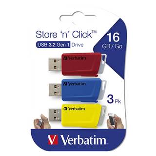 Verbatim  USB flash disk, USB 3.0, 16GB, Store N Click, mix farieb, 49306, USB A, s výsuvným konektorom, 3ks, značky Verbatim