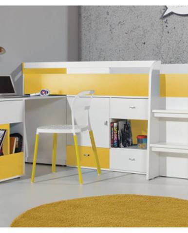 Zvýšená úložná posteľ s výsuvným stolíkom Mobi 90x200 cm, biela/žltá