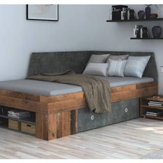 Úložná posteľ so zástenou Junior 120x200 cm, vintage optika dreva/tmavý betón