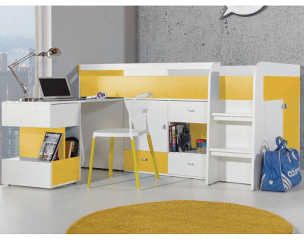 ASKO - NÁBYTOK Zvýšená úložná posteľ s výsuvným stolíkom Mobi 90x200 cm, biela/žltá, značky ASKO - NÁBYTOK