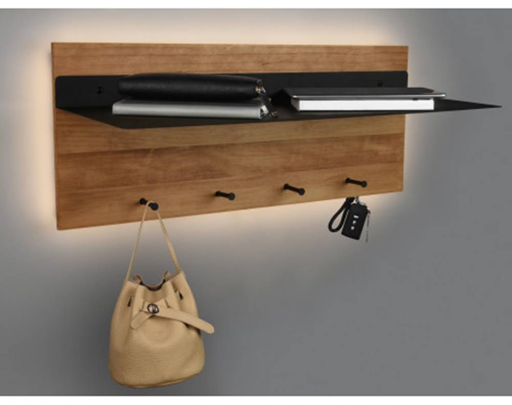 ASKO - NÁBYTOK Nástenný vešiak LED s policou Rómy, drevo/kov, 75 cm, značky ASKO - NÁBYTOK