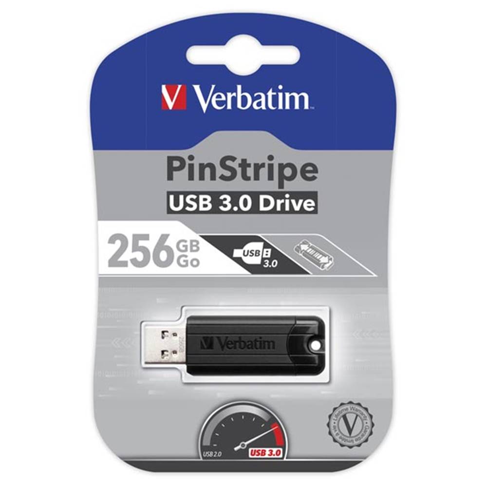 Verbatim  USB flash disk, USB 3.0, 256GB, PinStripe, Store N Go, čierny, 49320, USB A, s výsuvným konektorom, značky Verbatim