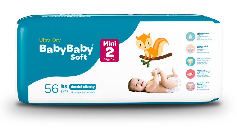 BABYBABY SOFT  Plienky jednorazové Ultra-Dry Mini (3-6 kg) 56 ks, značky BABYBABY SOFT