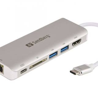 Sandberg  USB-C dokovací stanice, HDMI+SD+USB+RJ45+USB-C(100W), stříbrný, značky Sandberg