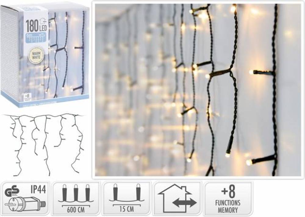 Kinekus Svetlo vianočné cencúle 180 LED teplé biele, 6 m, s funkciami, vonkajšie/vnútorné, značky Kinekus