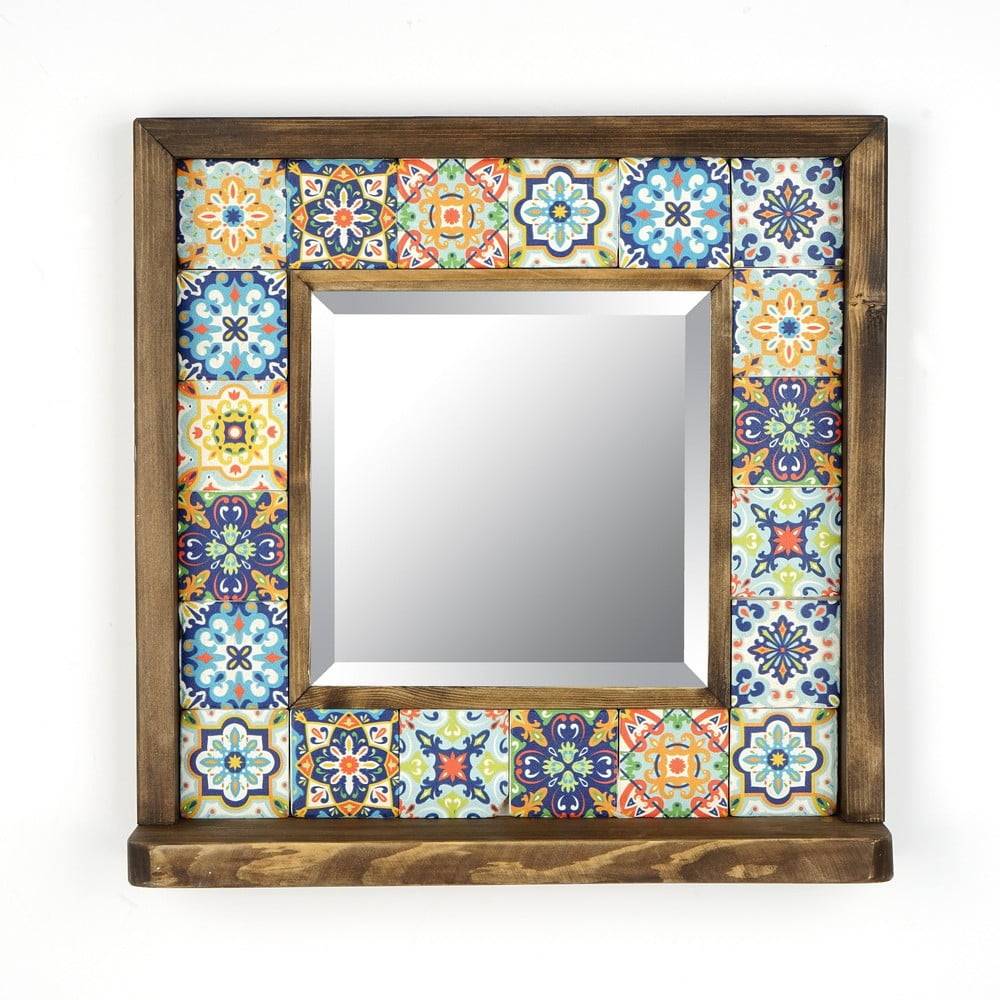 Wallity Nástenné zrkadlo s poličkou a dreveno-kamenným rámom 32.5x33 cm - , značky Wallity